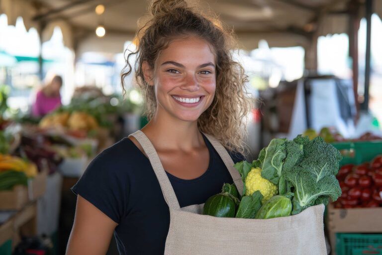 A cheerful woman stands at a vibrant farmers market, proudly hol